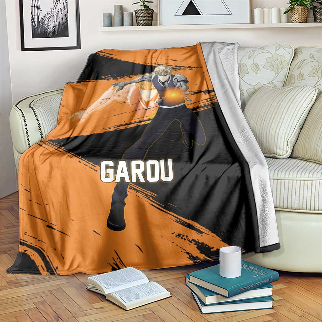 Genos One Punch Man Anime Orange and Black Theme Blanket with Cyborg Arm Blast and Intense Action Pose - The Mazicc