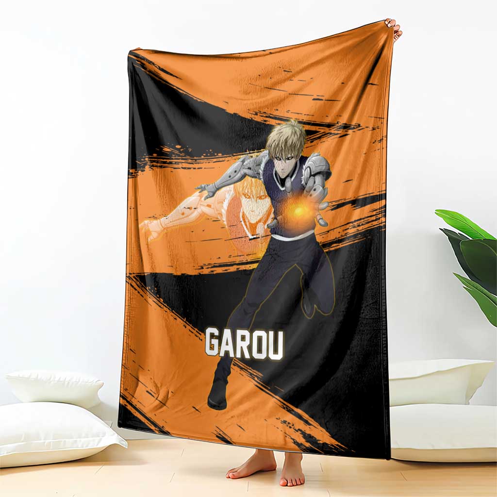 Genos One Punch Man Anime Orange and Black Theme Blanket with Cyborg Arm Blast and Intense Action Pose - The Mazicc