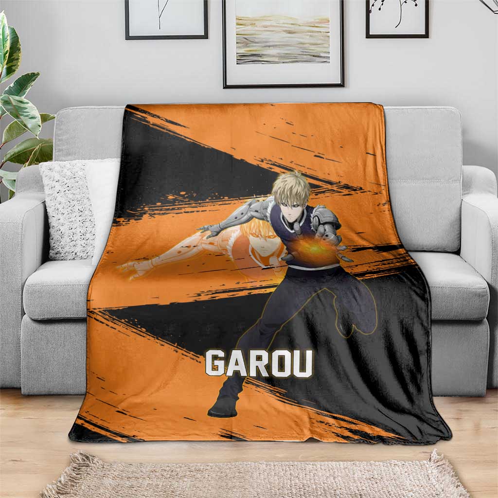 Genos One Punch Man Anime Orange and Black Theme Blanket with Cyborg Arm Blast and Intense Action Pose - The Mazicc
