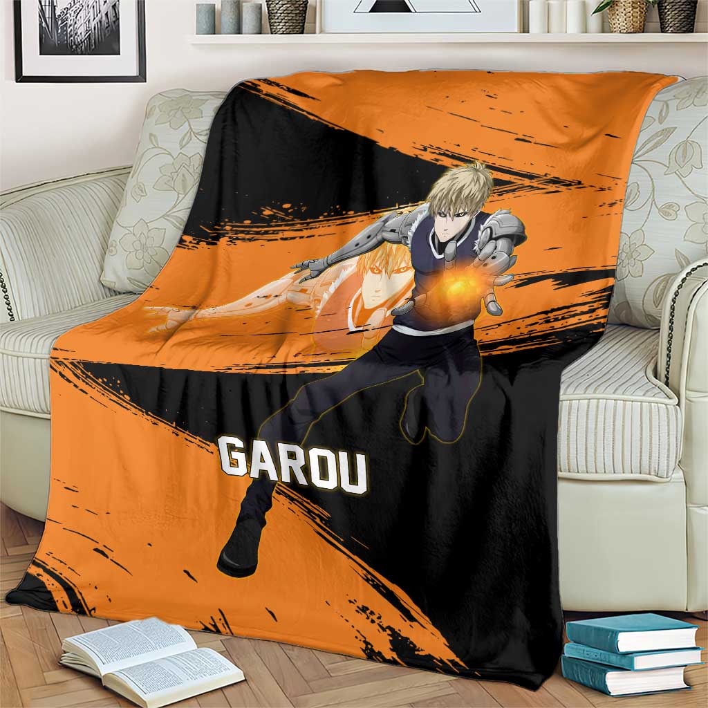 Genos One Punch Man Anime Orange and Black Theme Blanket with Cyborg Arm Blast and Intense Action Pose - The Mazicc