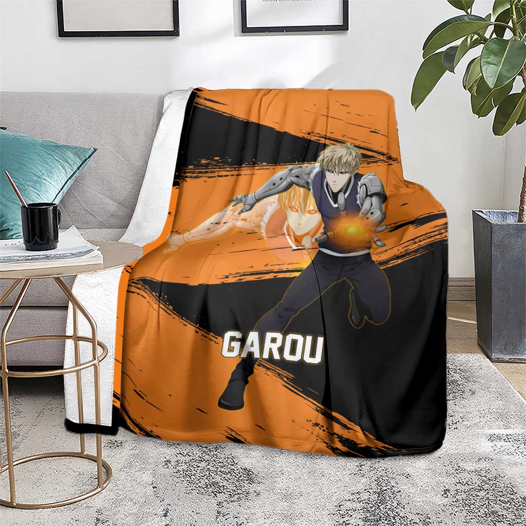 Genos One Punch Man Anime Orange and Black Theme Blanket with Cyborg Arm Blast and Intense Action Pose - The Mazicc