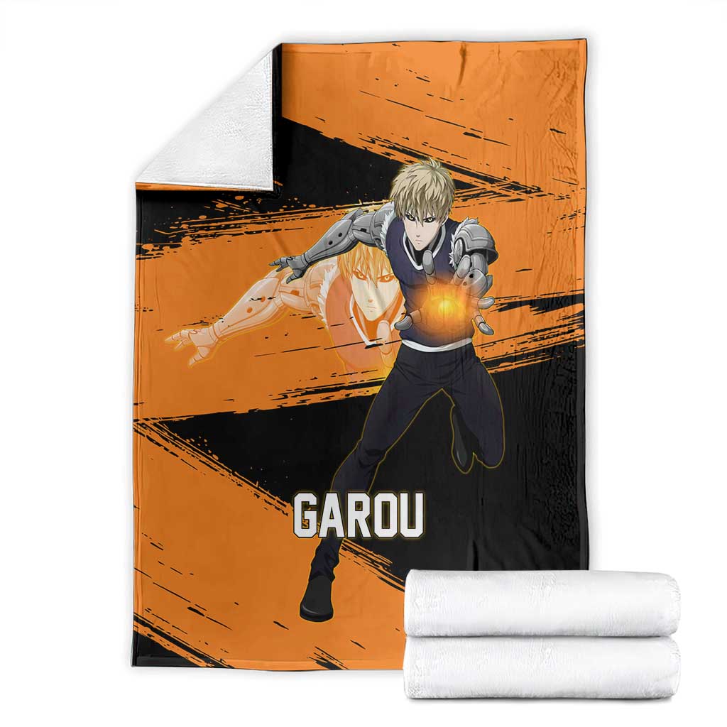Genos One Punch Man Anime Orange and Black Theme Blanket with Cyborg Arm Blast and Intense Action Pose - The Mazicc