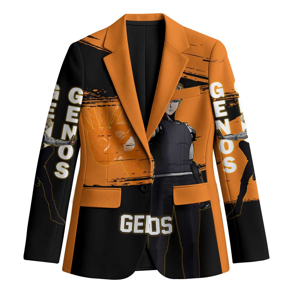 Genos One Punch Man Anime Orange and Black Theme Blazer with Cyborg Arm Blast and Intense Action Pose - The Mazicc