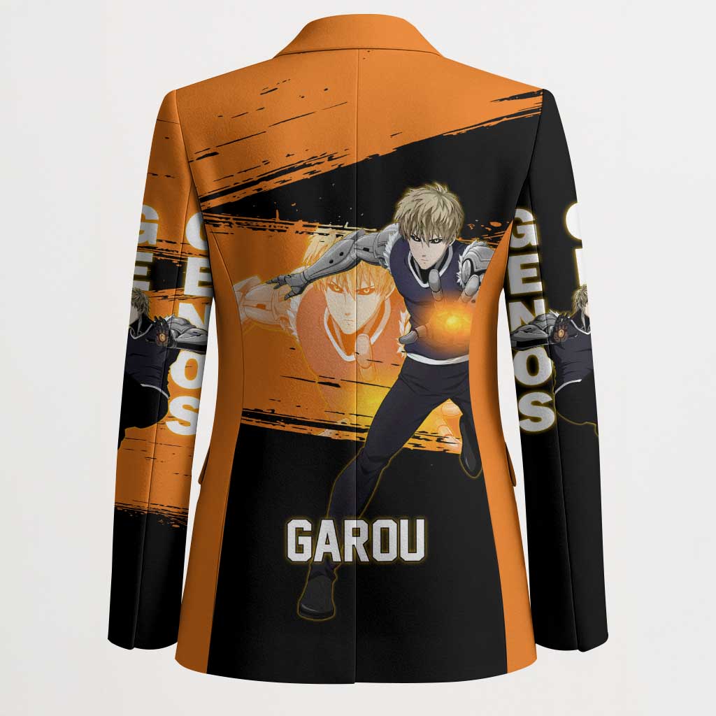 Genos One Punch Man Anime Orange and Black Theme Blazer with Cyborg Arm Blast and Intense Action Pose - The Mazicc