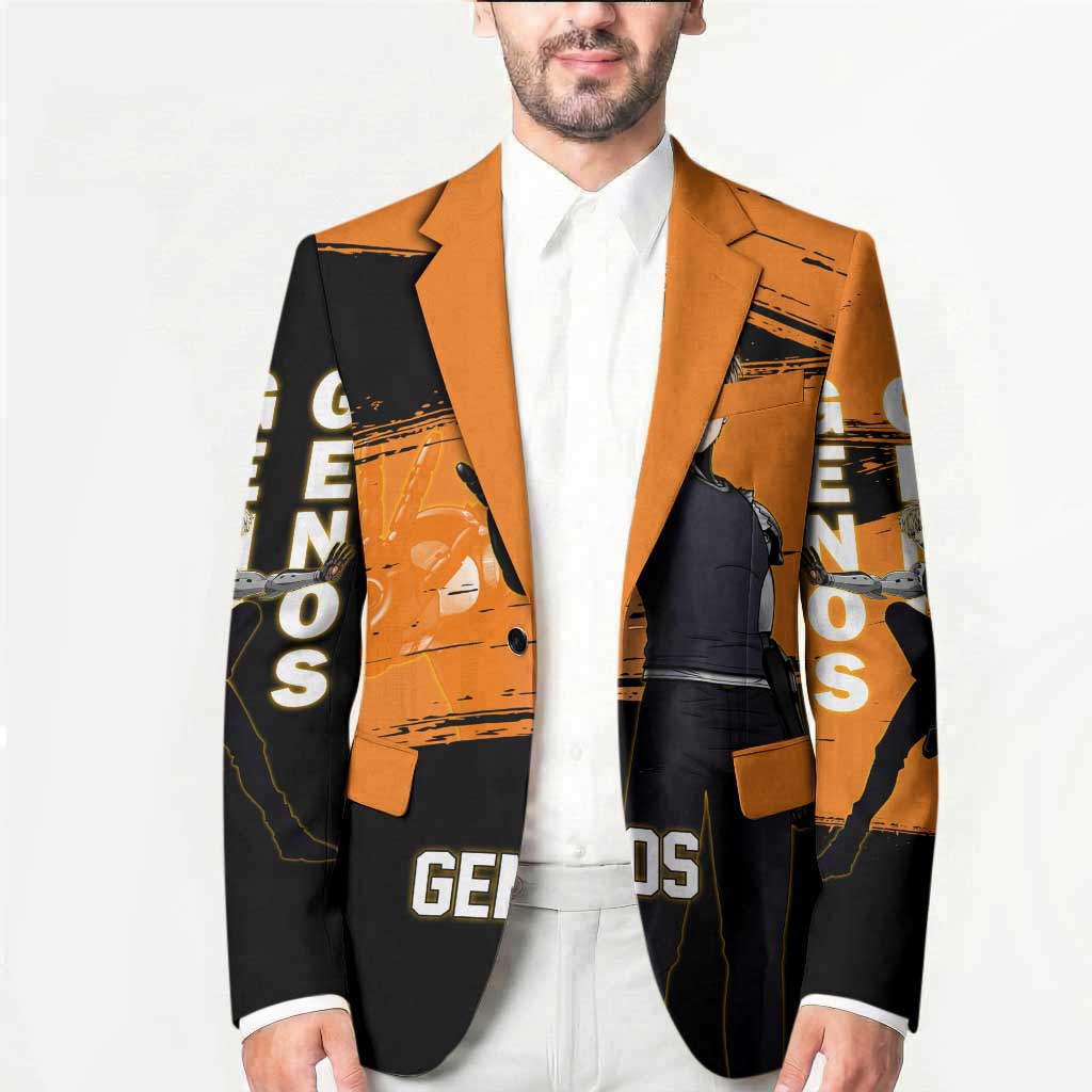 Genos One Punch Man Anime Orange and Black Theme Blazer with Cyborg Arm Blast and Intense Action Pose - The Mazicc