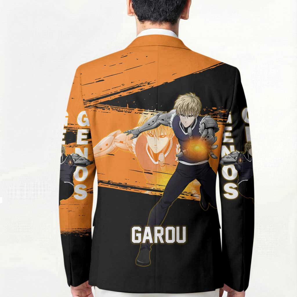 Genos One Punch Man Anime Orange and Black Theme Blazer with Cyborg Arm Blast and Intense Action Pose - The Mazicc
