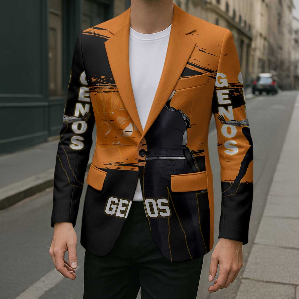 Genos One Punch Man Anime Orange and Black Theme Blazer with Cyborg Arm Blast and Intense Action Pose - The Mazicc