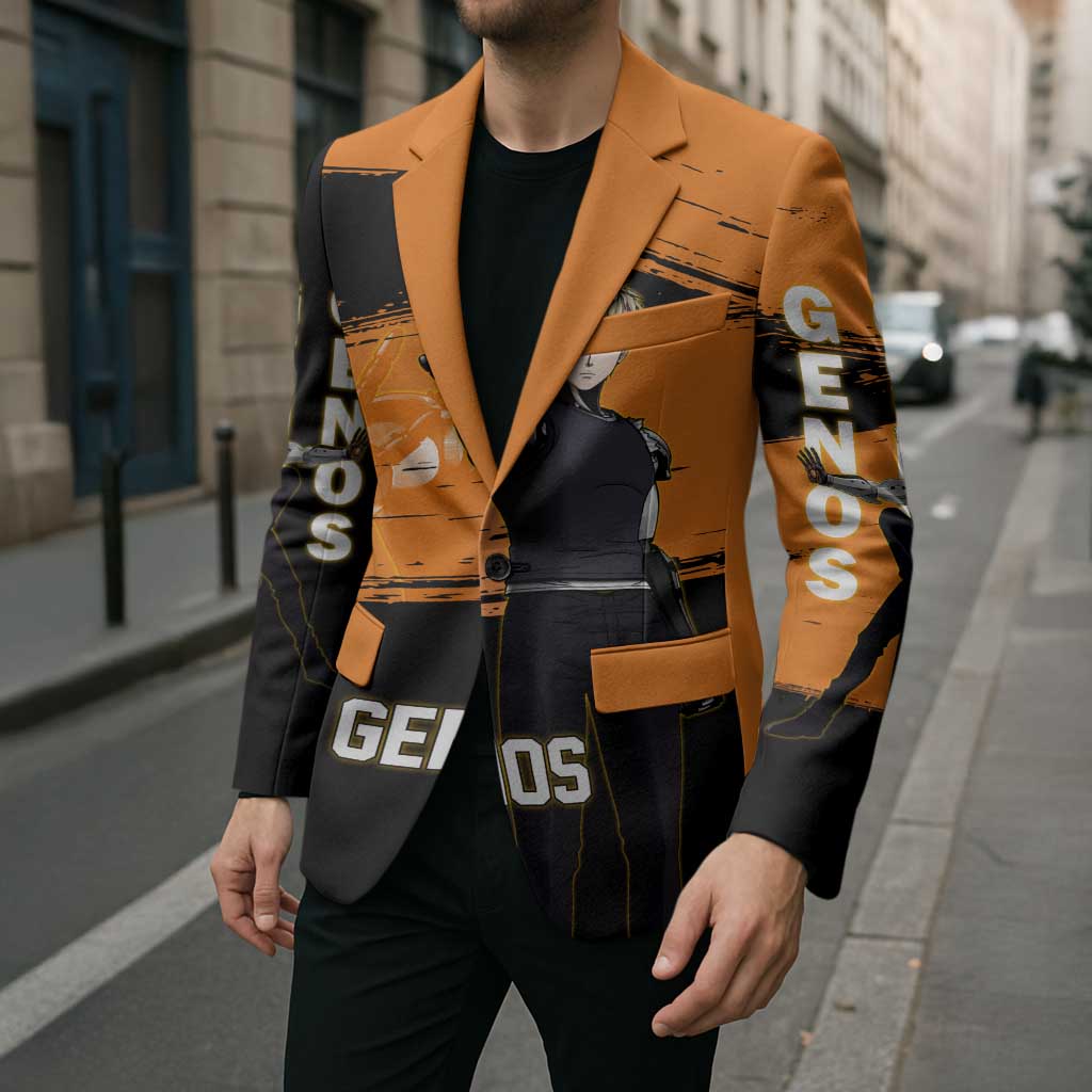 Genos One Punch Man Anime Orange and Black Theme Blazer with Cyborg Arm Blast and Intense Action Pose - The Mazicc