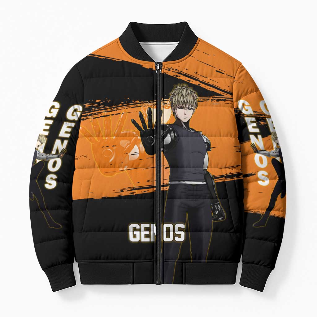 Genos One Punch Man Anime Orange and Black Theme Bomber Puffer Jacket with Cyborg Arm Blast and Intense Action Pose - The Mazicc