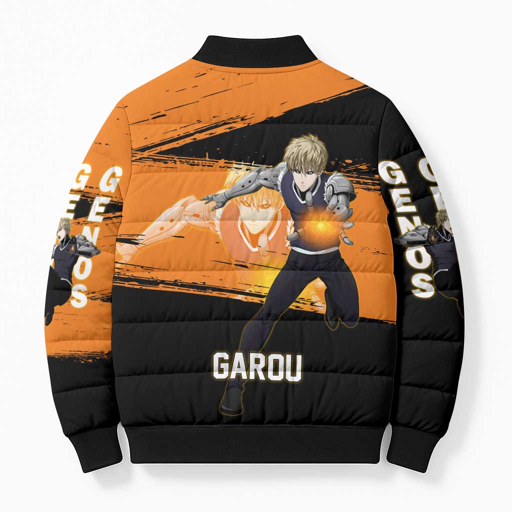 Genos One Punch Man Anime Orange and Black Theme Bomber Puffer Jacket with Cyborg Arm Blast and Intense Action Pose - The Mazicc