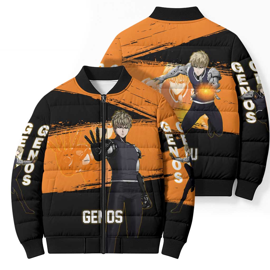Genos One Punch Man Anime Orange and Black Theme Bomber Puffer Jacket with Cyborg Arm Blast and Intense Action Pose - The Mazicc