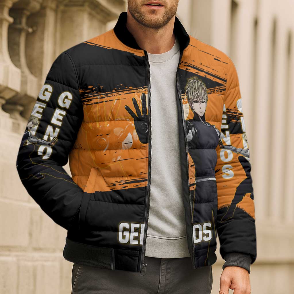 Genos One Punch Man Anime Orange and Black Theme Bomber Puffer Jacket with Cyborg Arm Blast and Intense Action Pose - The Mazicc