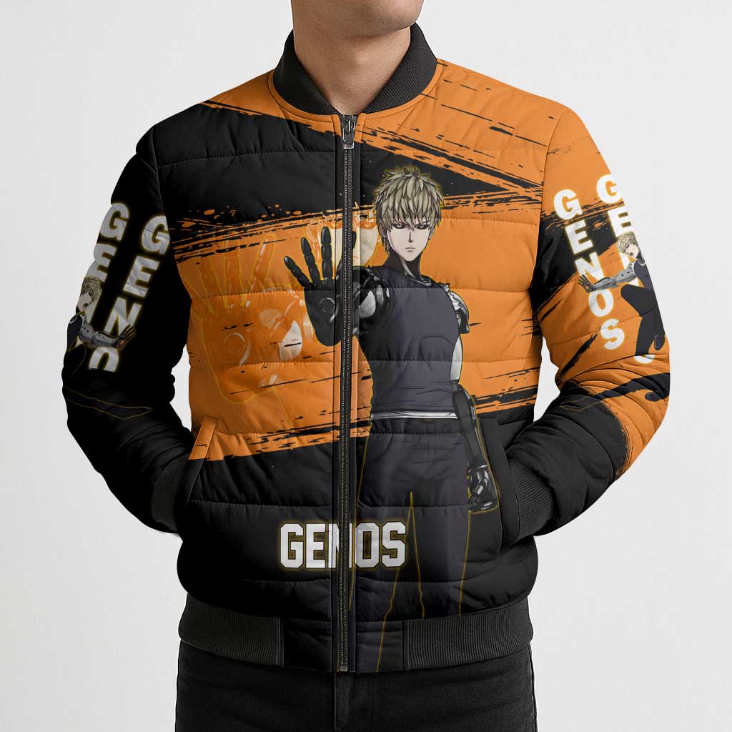 Genos One Punch Man Anime Orange and Black Theme Bomber Puffer Jacket with Cyborg Arm Blast and Intense Action Pose - The Mazicc