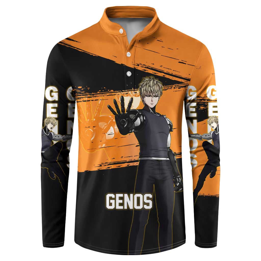 Genos One Punch Man Anime Orange and Black Theme Button Sweatshirt with Cyborg Arm Blast and Intense Action Pose - The Mazicc