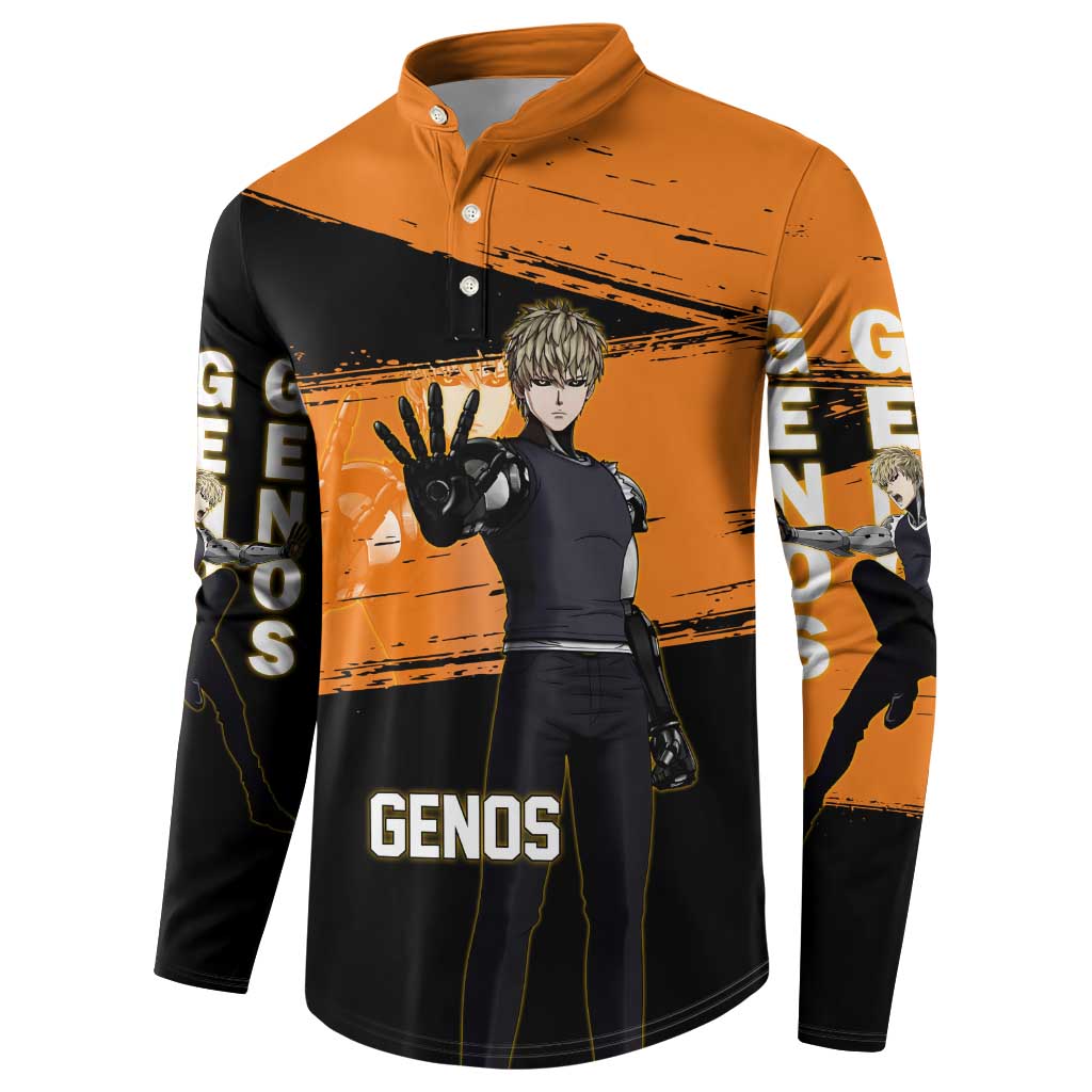 Genos One Punch Man Anime Orange and Black Theme Button Sweatshirt with Cyborg Arm Blast and Intense Action Pose - The Mazicc