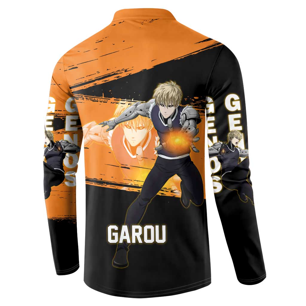 Genos One Punch Man Anime Orange and Black Theme Button Sweatshirt with Cyborg Arm Blast and Intense Action Pose - The Mazicc