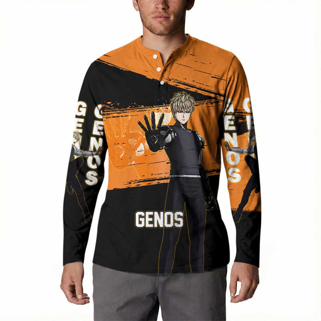 Genos One Punch Man Anime Orange and Black Theme Button Sweatshirt with Cyborg Arm Blast and Intense Action Pose - The Mazicc