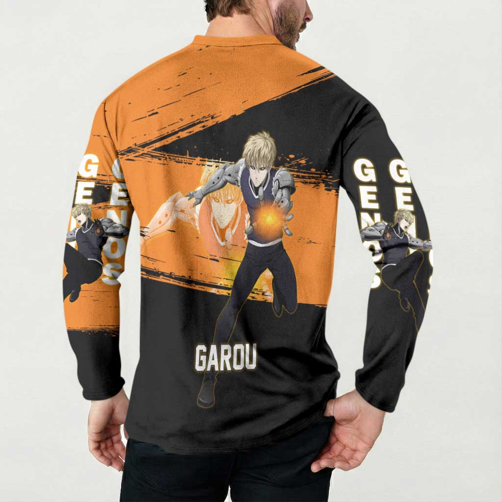 Genos One Punch Man Anime Orange and Black Theme Button Sweatshirt with Cyborg Arm Blast and Intense Action Pose - The Mazicc