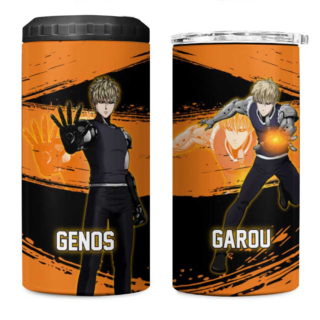 Genos One Punch Man Anime Orange and Black Theme 4 in 1 Can Cooler Tumbler with Cyborg Arm Blast and Intense Action Pose - The Mazicc