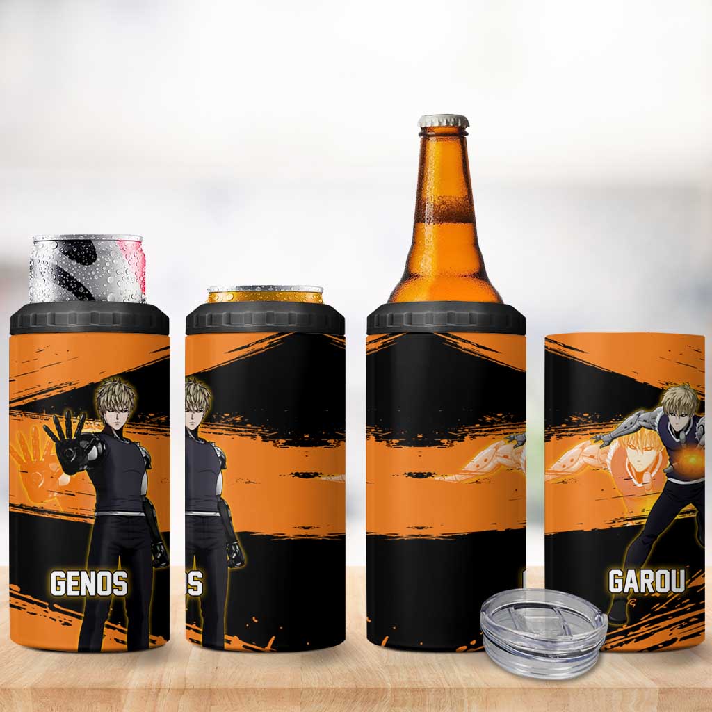 Genos One Punch Man Anime Orange and Black Theme 4 in 1 Can Cooler Tumbler with Cyborg Arm Blast and Intense Action Pose - The Mazicc