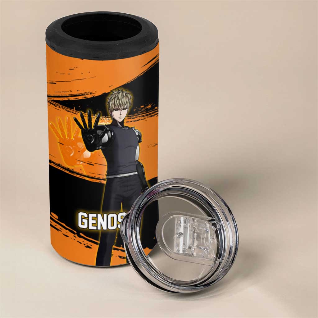 Genos One Punch Man Anime Orange and Black Theme 4 in 1 Can Cooler Tumbler with Cyborg Arm Blast and Intense Action Pose - The Mazicc