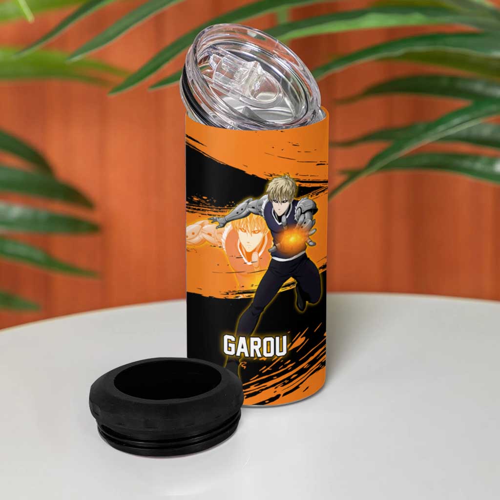 Genos One Punch Man Anime Orange and Black Theme 4 in 1 Can Cooler Tumbler with Cyborg Arm Blast and Intense Action Pose - The Mazicc