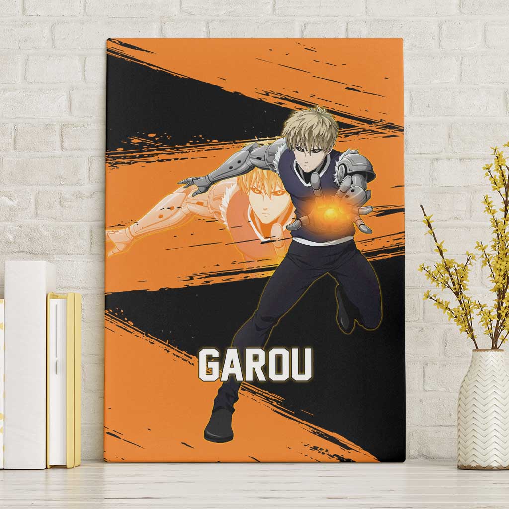 Genos One Punch Man Anime Orange and Black Theme Canvas Wall Art with Cyborg Arm Blast and Intense Action Pose - The Mazicc