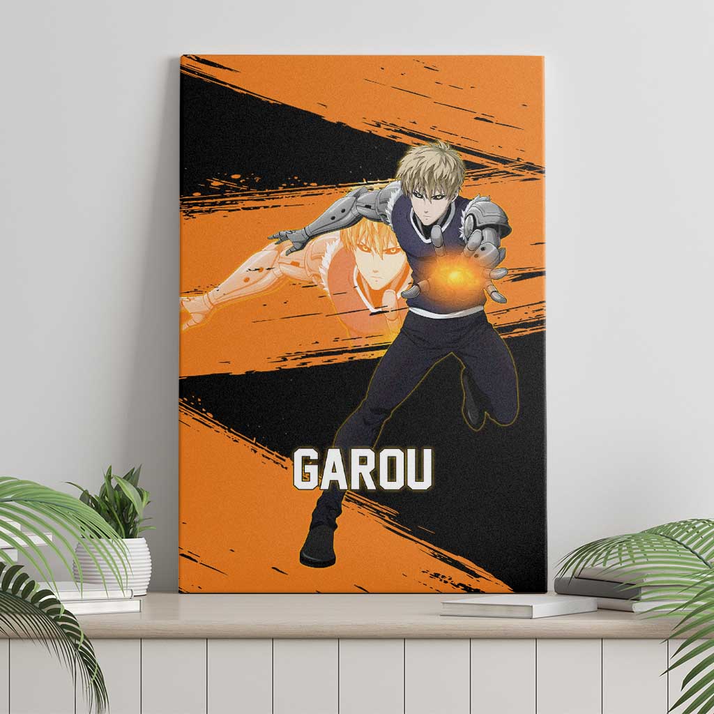 Genos One Punch Man Anime Orange and Black Theme Canvas Wall Art with Cyborg Arm Blast and Intense Action Pose - The Mazicc