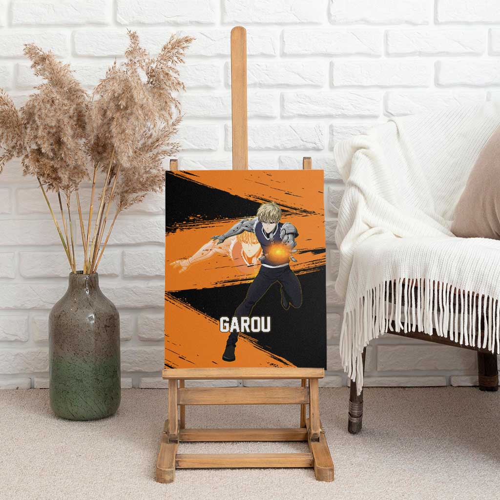 Genos One Punch Man Anime Orange and Black Theme Canvas Wall Art with Cyborg Arm Blast and Intense Action Pose - The Mazicc