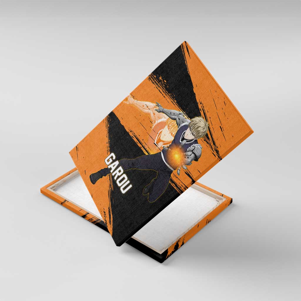 Genos One Punch Man Anime Orange and Black Theme Canvas Wall Art with Cyborg Arm Blast and Intense Action Pose - The Mazicc