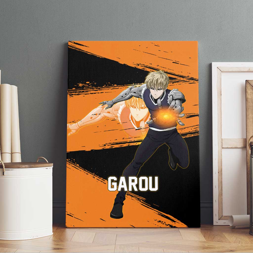 Genos One Punch Man Anime Orange and Black Theme Canvas Wall Art with Cyborg Arm Blast and Intense Action Pose - The Mazicc