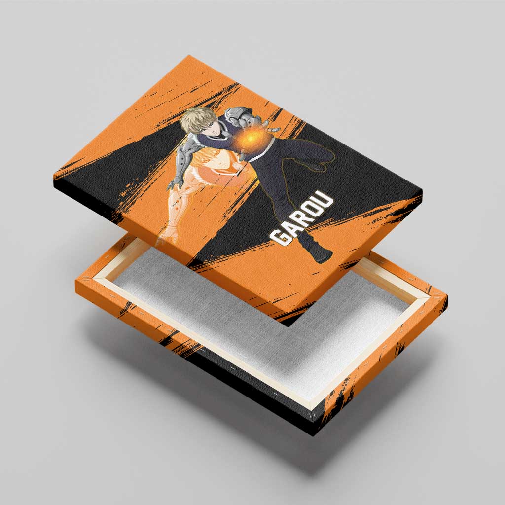 Genos One Punch Man Anime Orange and Black Theme Canvas Wall Art with Cyborg Arm Blast and Intense Action Pose - The Mazicc