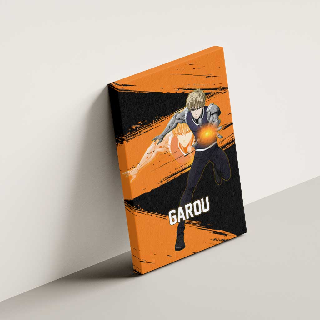 Genos One Punch Man Anime Orange and Black Theme Canvas Wall Art with Cyborg Arm Blast and Intense Action Pose - The Mazicc
