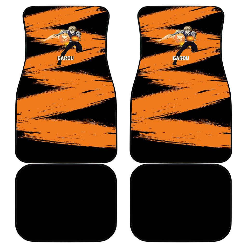 Genos One Punch Man Anime Orange and Black Theme Car Mats with Cyborg Arm Blast and Intense Action Pose - The Mazicc