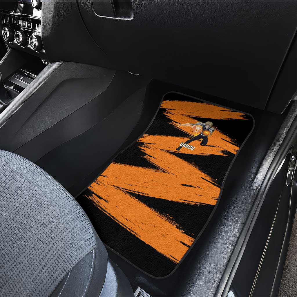 Genos One Punch Man Anime Orange and Black Theme Car Mats with Cyborg Arm Blast and Intense Action Pose - The Mazicc
