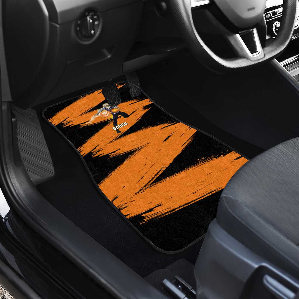 Genos One Punch Man Anime Orange and Black Theme Car Mats with Cyborg Arm Blast and Intense Action Pose - The Mazicc