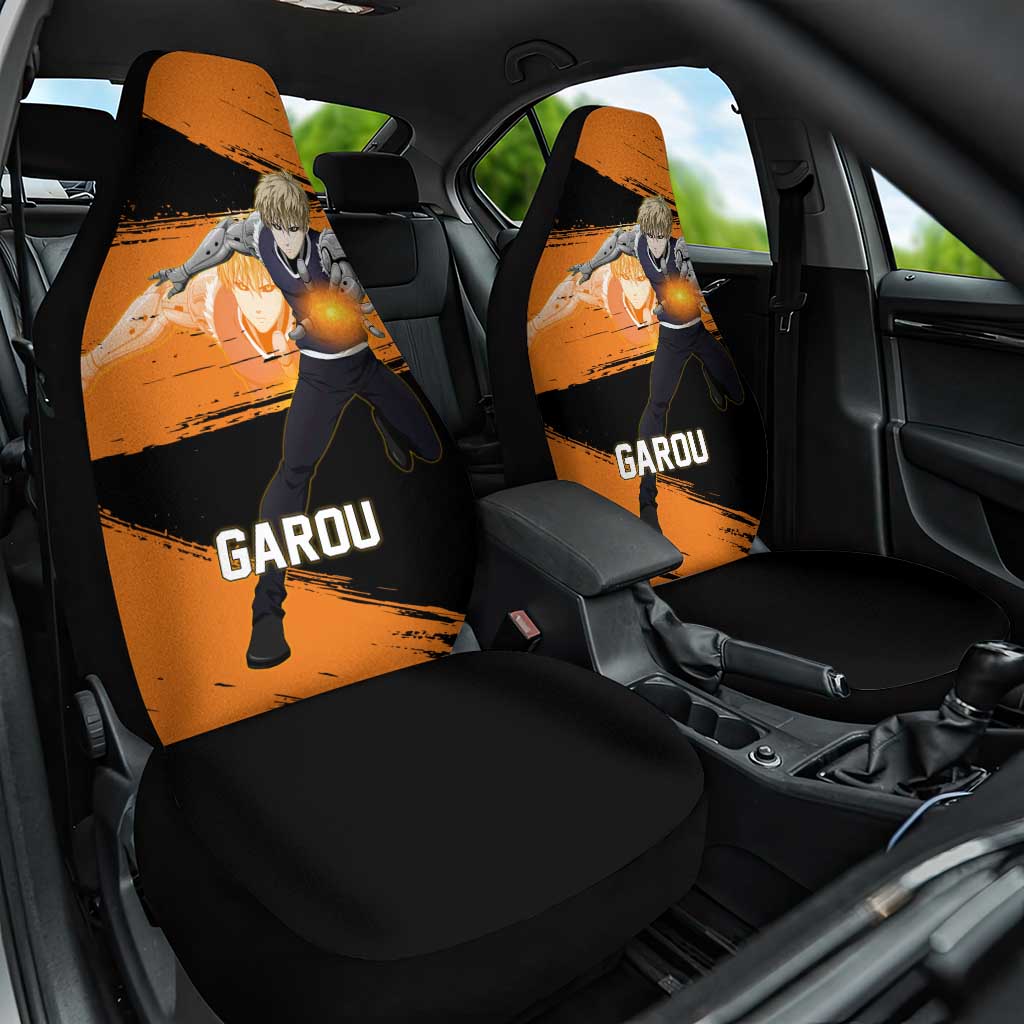 Genos One Punch Man Anime Orange and Black Theme Car Seat Cover with Cyborg Arm Blast and Intense Action Pose - The Mazicc