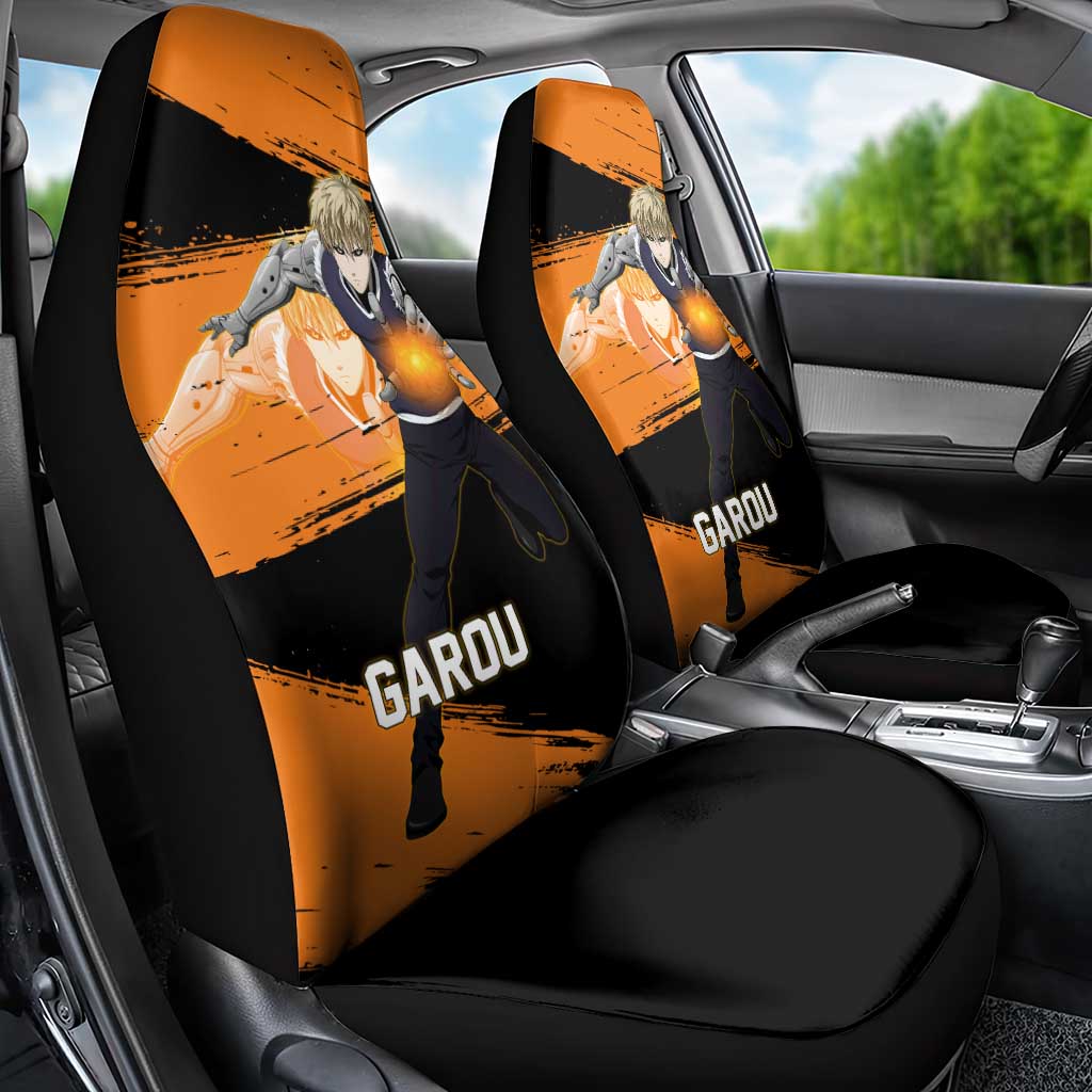 Genos One Punch Man Anime Orange and Black Theme Car Seat Cover with Cyborg Arm Blast and Intense Action Pose - The Mazicc
