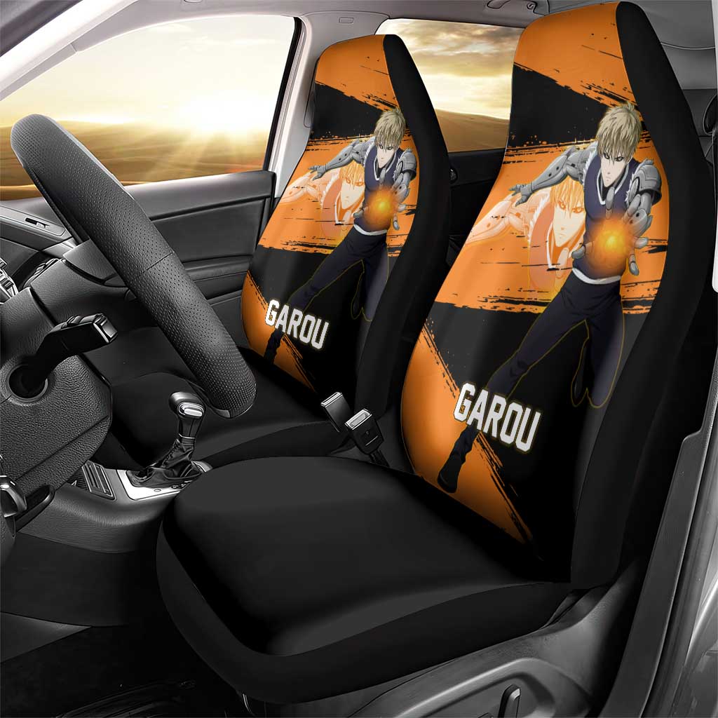 Genos One Punch Man Anime Orange and Black Theme Car Seat Cover with Cyborg Arm Blast and Intense Action Pose - The Mazicc
