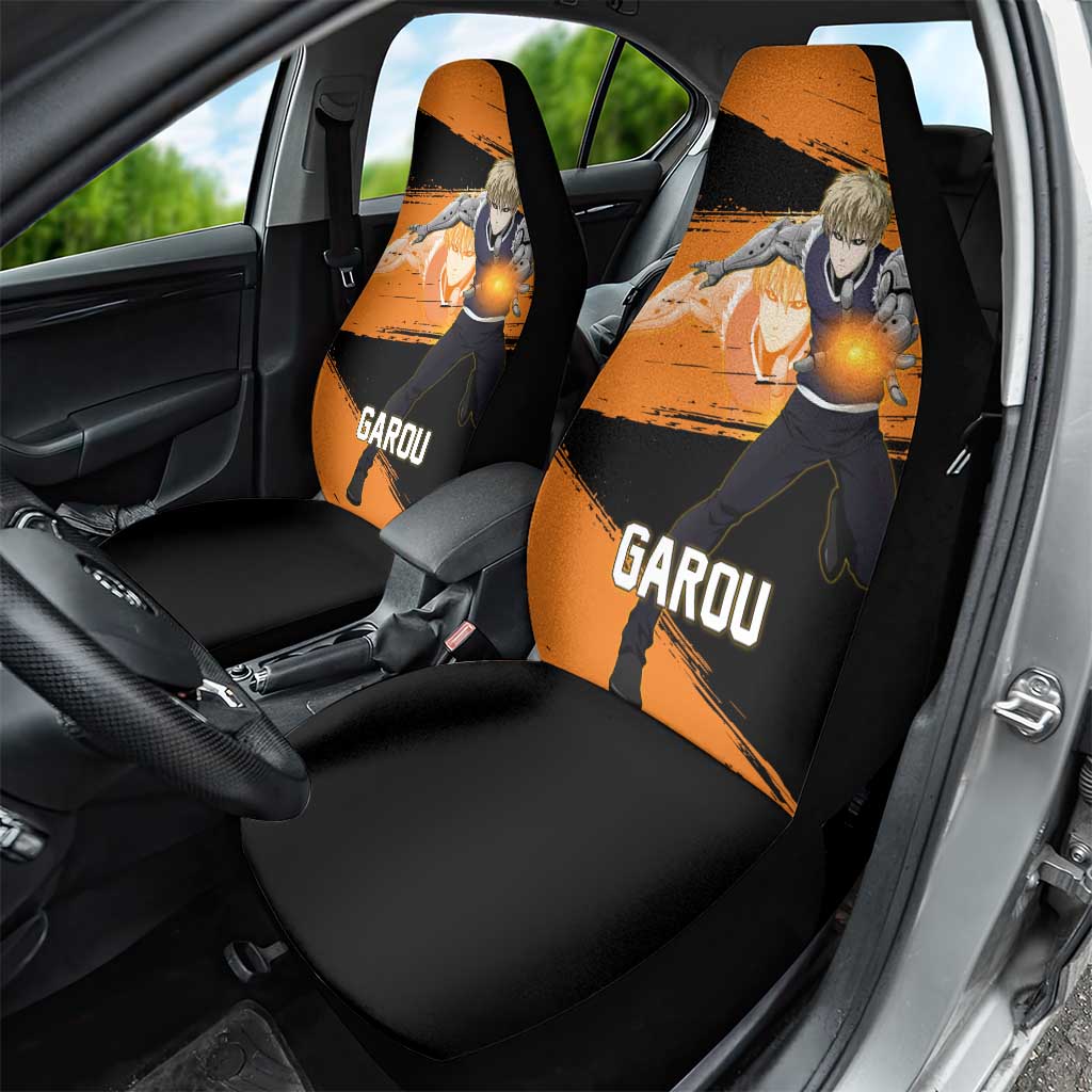 Genos One Punch Man Anime Orange and Black Theme Car Seat Cover with Cyborg Arm Blast and Intense Action Pose - The Mazicc