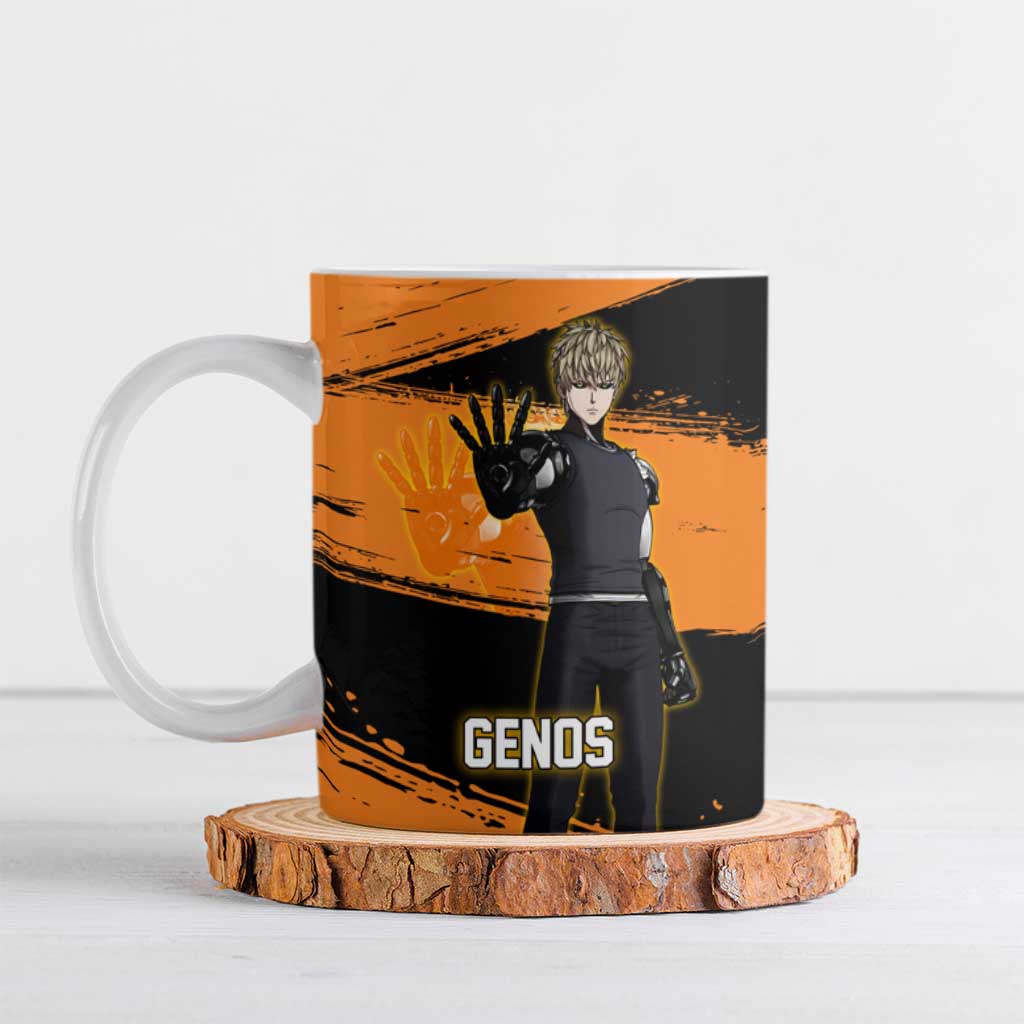 Genos One Punch Man Anime Orange and Black Theme Ceramic Mug with Cyborg Arm Blast and Intense Action Pose - The Mazicc