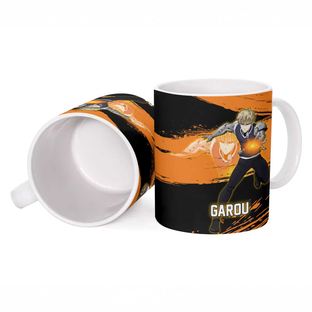 Genos One Punch Man Anime Orange and Black Theme Ceramic Mug with Cyborg Arm Blast and Intense Action Pose - The Mazicc
