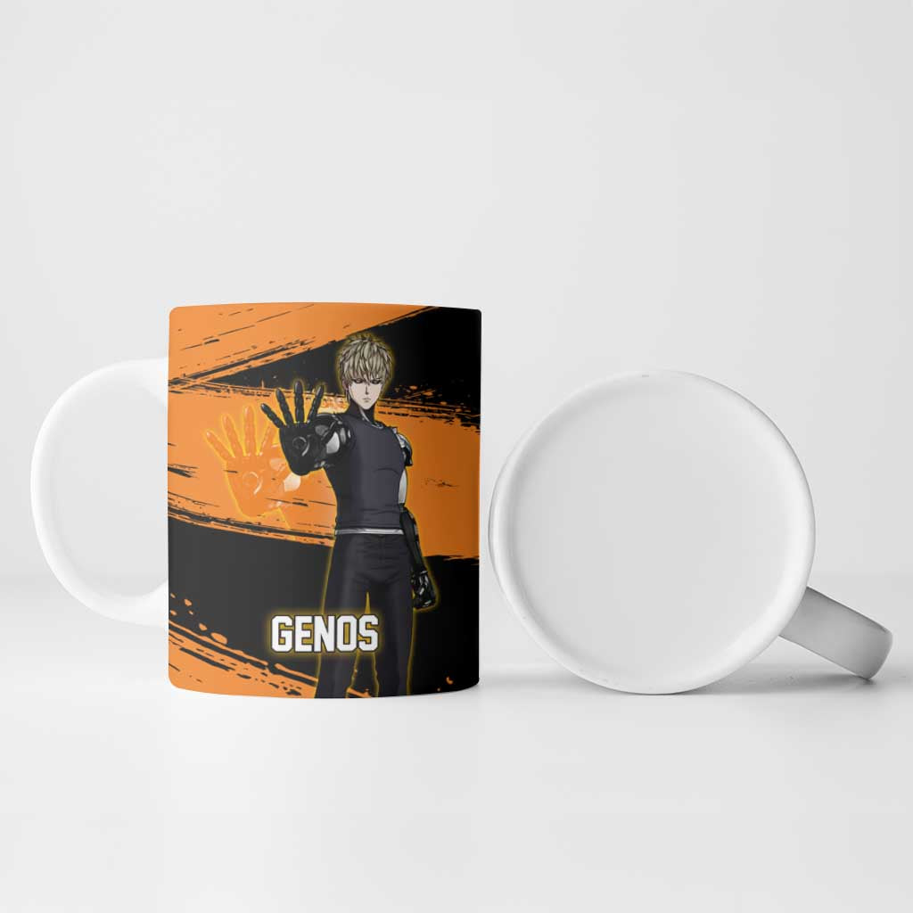 Genos One Punch Man Anime Orange and Black Theme Ceramic Mug with Cyborg Arm Blast and Intense Action Pose - The Mazicc