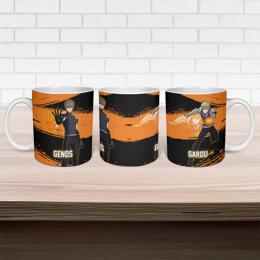 Genos One Punch Man Anime Orange and Black Theme Ceramic Mug with Cyborg Arm Blast and Intense Action Pose - The Mazicc