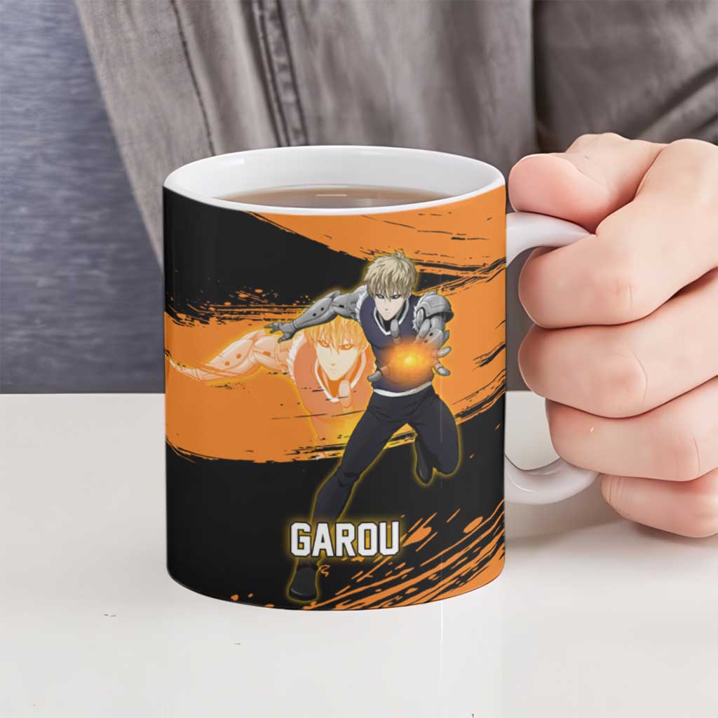 Genos One Punch Man Anime Orange and Black Theme Ceramic Mug with Cyborg Arm Blast and Intense Action Pose - The Mazicc