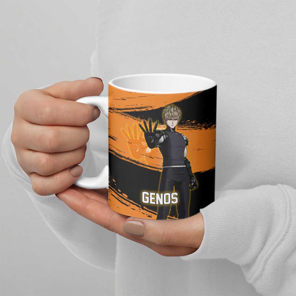 Genos One Punch Man Anime Orange and Black Theme Ceramic Mug with Cyborg Arm Blast and Intense Action Pose - The Mazicc