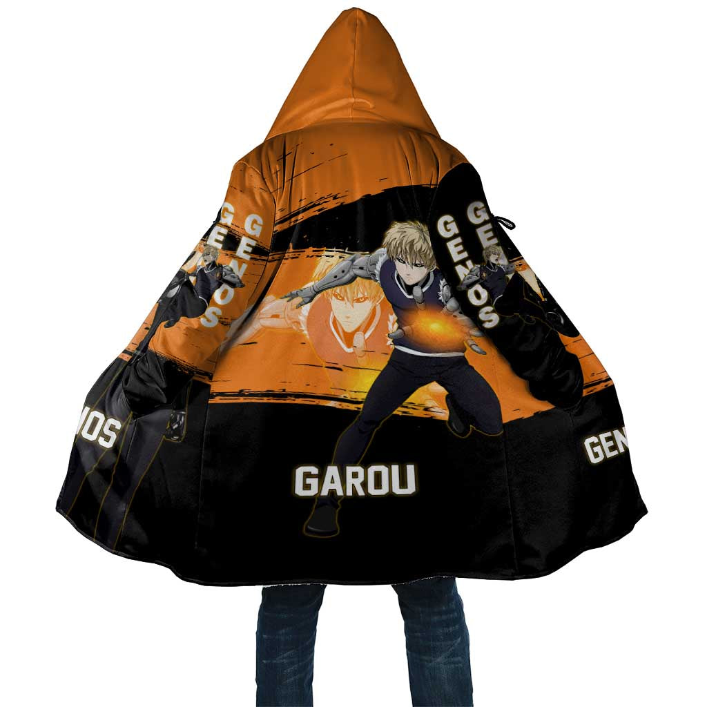 Genos One Punch Man Anime Orange and Black Theme Cloak with Cyborg Arm Blast and Intense Action Pose - The Mazicc