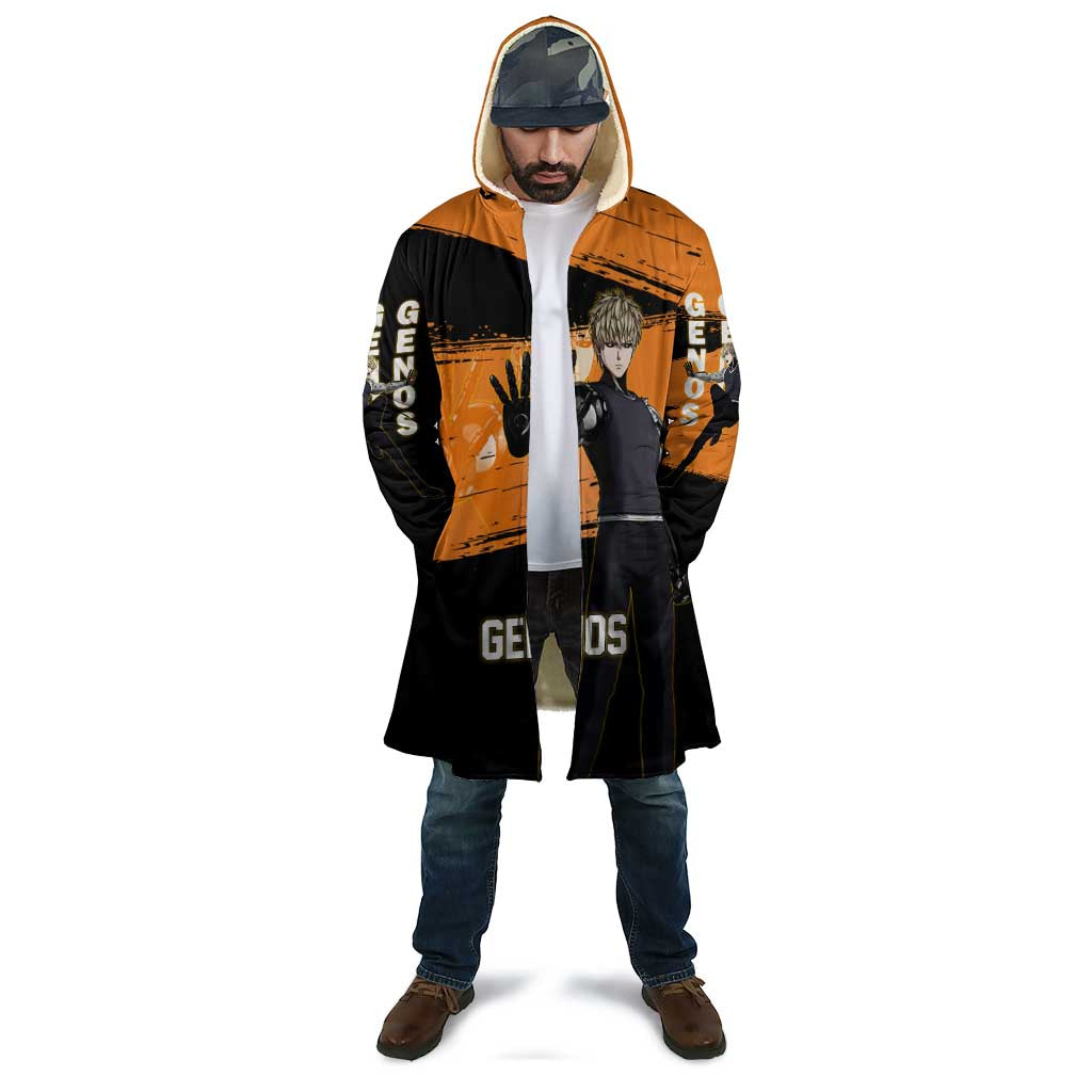 Genos One Punch Man Anime Orange and Black Theme Cloak with Cyborg Arm Blast and Intense Action Pose - The Mazicc