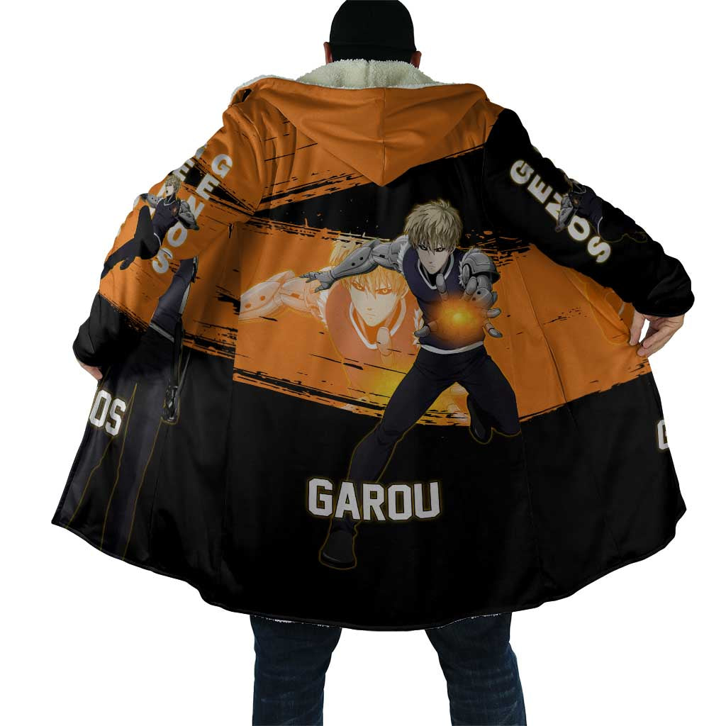 Genos One Punch Man Anime Orange and Black Theme Cloak with Cyborg Arm Blast and Intense Action Pose - The Mazicc
