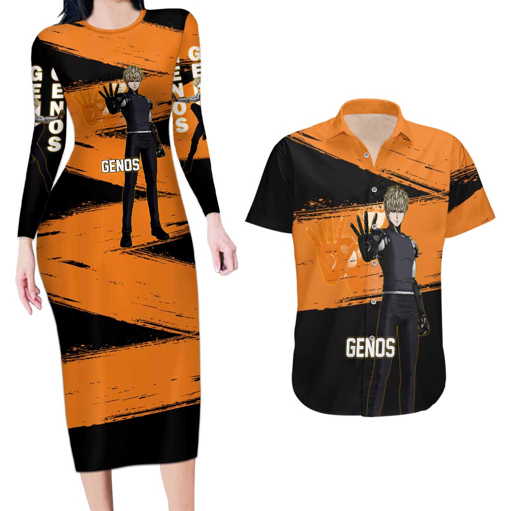 Genos One Punch Man Anime Orange and Black Theme Couples Matching Long Sleeve Bodycon Dress and Hawaiian Shirt with Cyborg Arm Blast and Intense Action Pose - The Mazicc